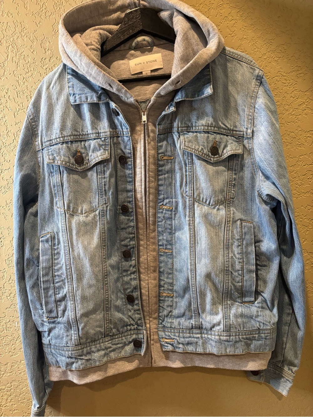 Sun + Stone Men’s Light Blue Denim Jacket with Gray Hoodie Layer